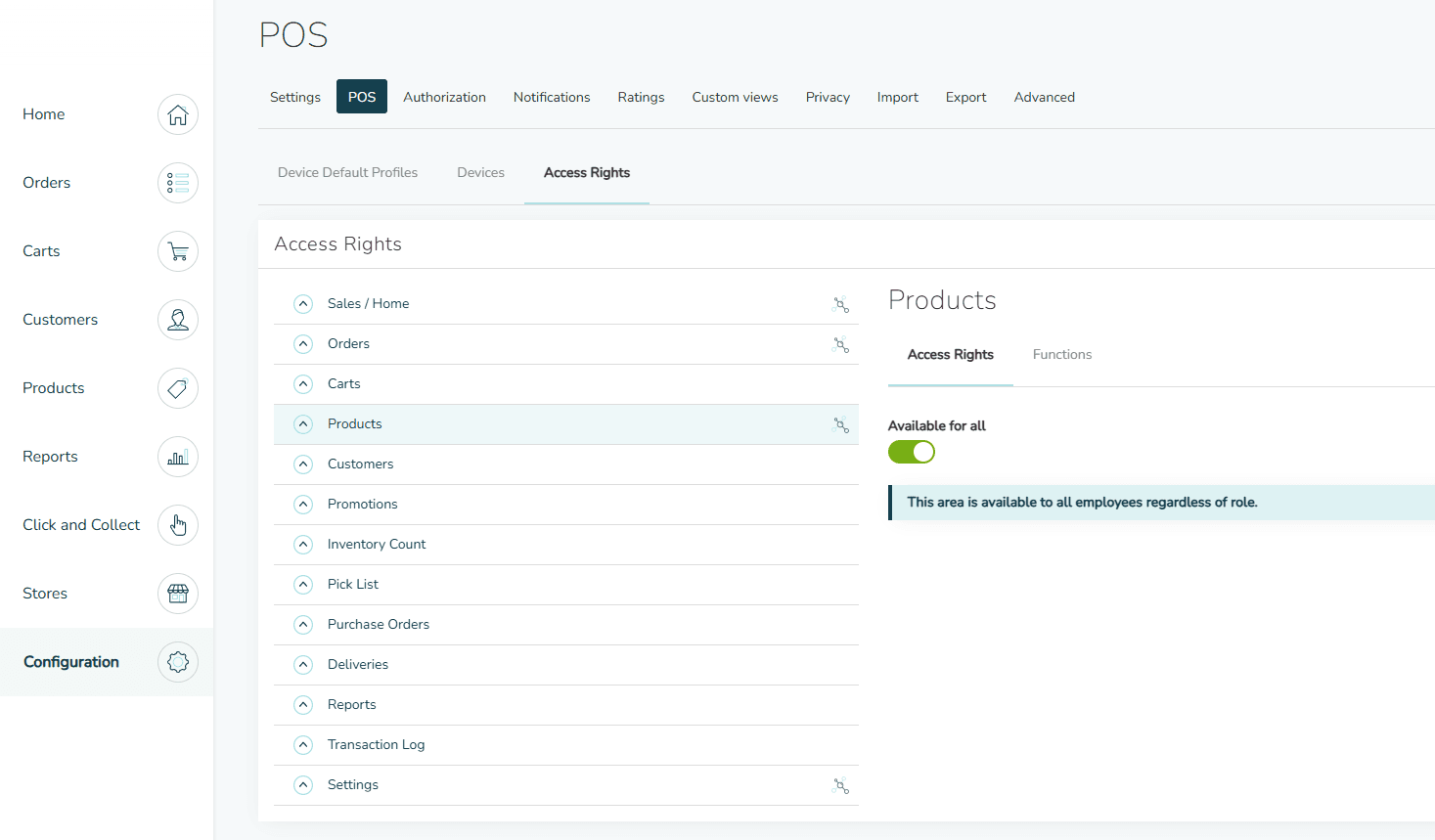 The Access Rights editor in the Omnium back office, reached via Configuration in the sidebar and the POS tab, with the Access Rights sub-tab selected. The navigation tree lists every area on the left and the Products page is selected, showing the Available for all toggle switched on