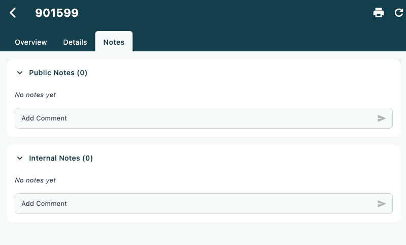 The order notes section with the input expanded, showing the Email and SMS toggle chips, a multi-line comment field, and the Add Comment button