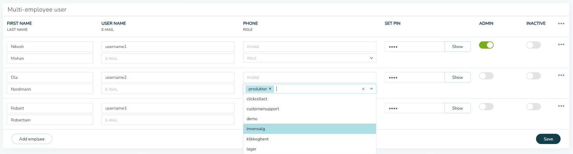 The Multi-employee user editor in the Omnium back office with the Role dropdown open on an employee row, one role selected as a chip and a searchable list of further roles below