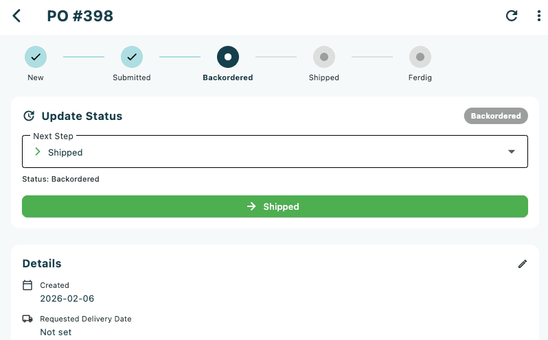 The purchase orders list showing order cards sorted newest-first