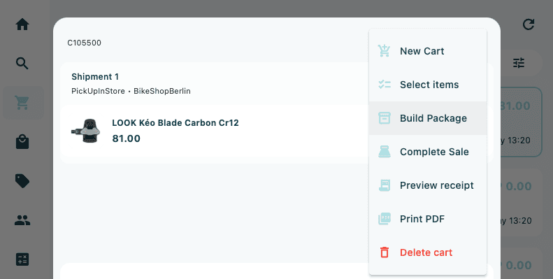 The Build Package dialog open over the cart panel, showing three step indicator dots in the header and the Start Scanning step with a QR code icon and Search Products button