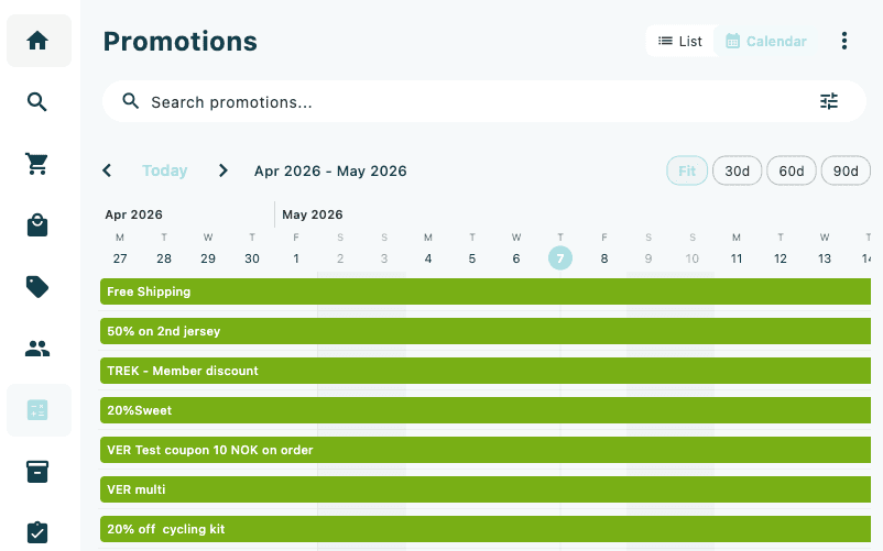 The Promotions calendar view showing promotions arranged by their active dates across a monthly calendar grid