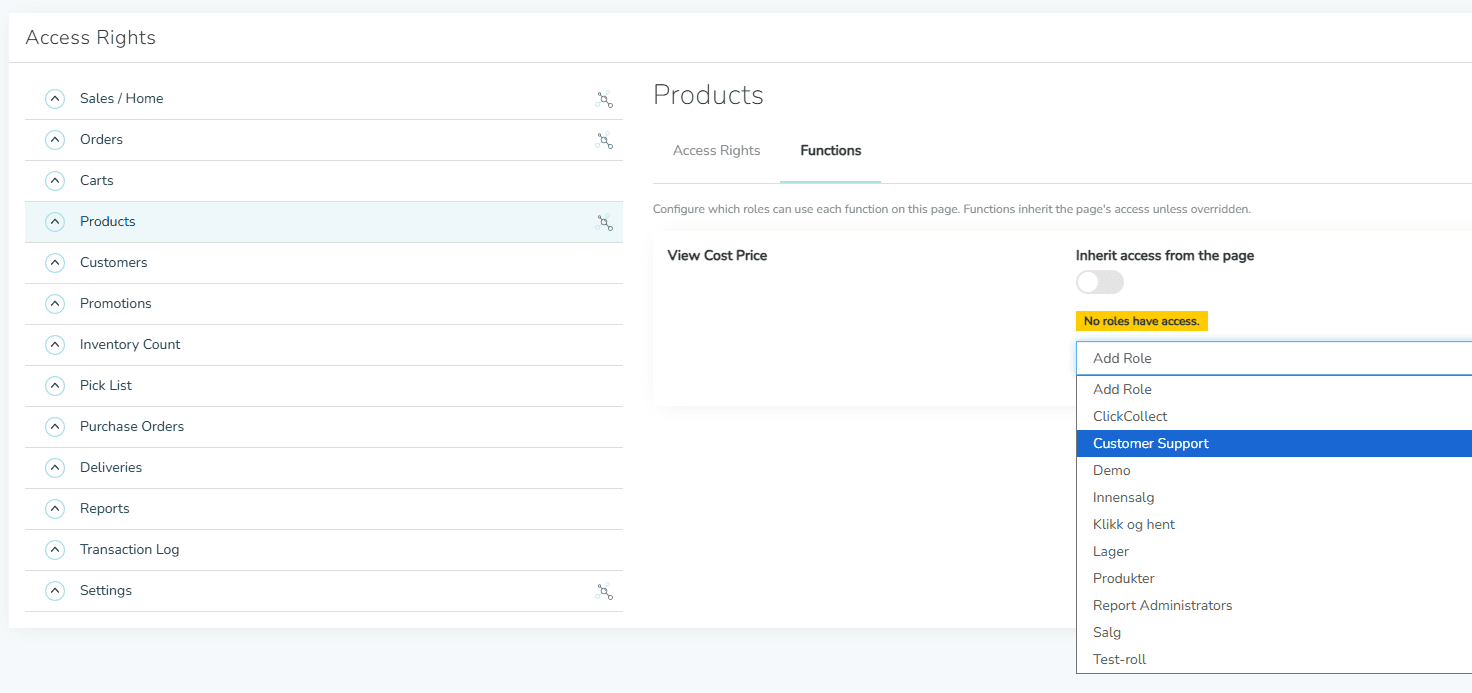 The Functions tab of the Products area showing the View Cost Price function with Inherit access from the page switched off and the Add Role dropdown open to grant a specific role