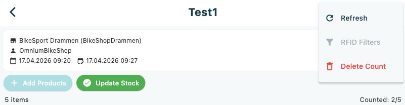 The count list with the delete icon highlighted on a count card and the confirmation dialog open