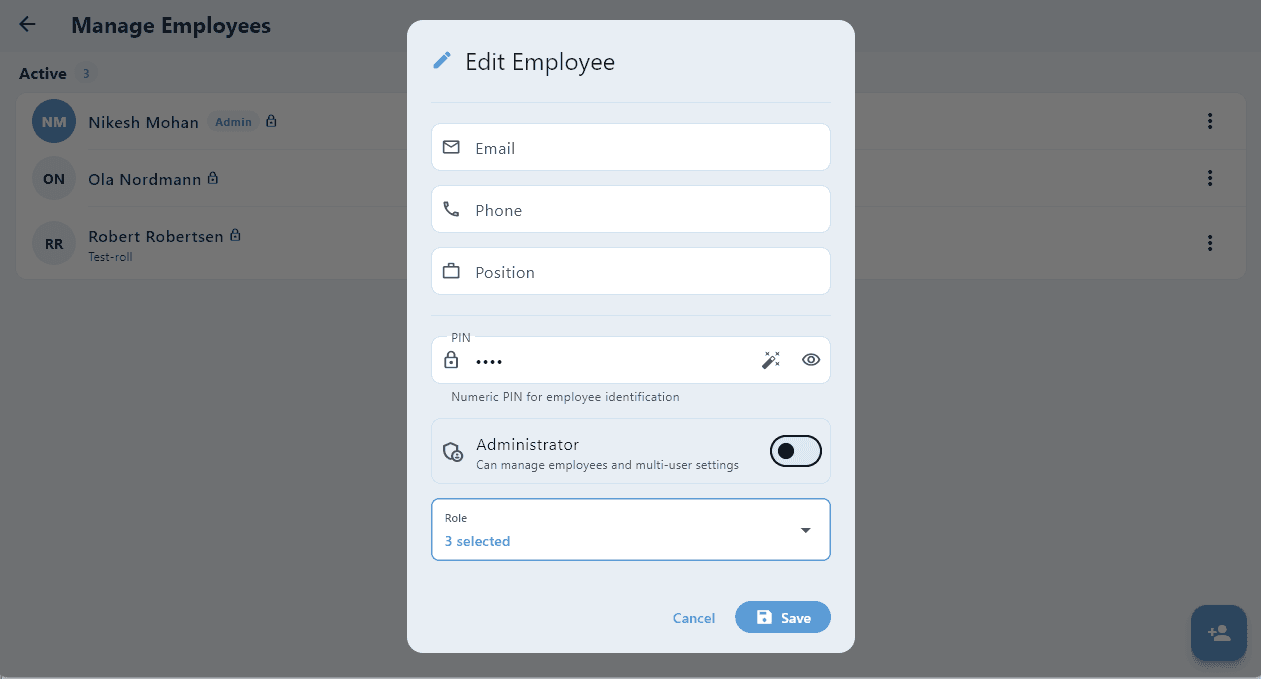 The Edit Employee dialog in the app showing the Email, Phone, Position, and PIN fields, the Administrator toggle switched off, and the Role multi-select field below it reading "3 selected"