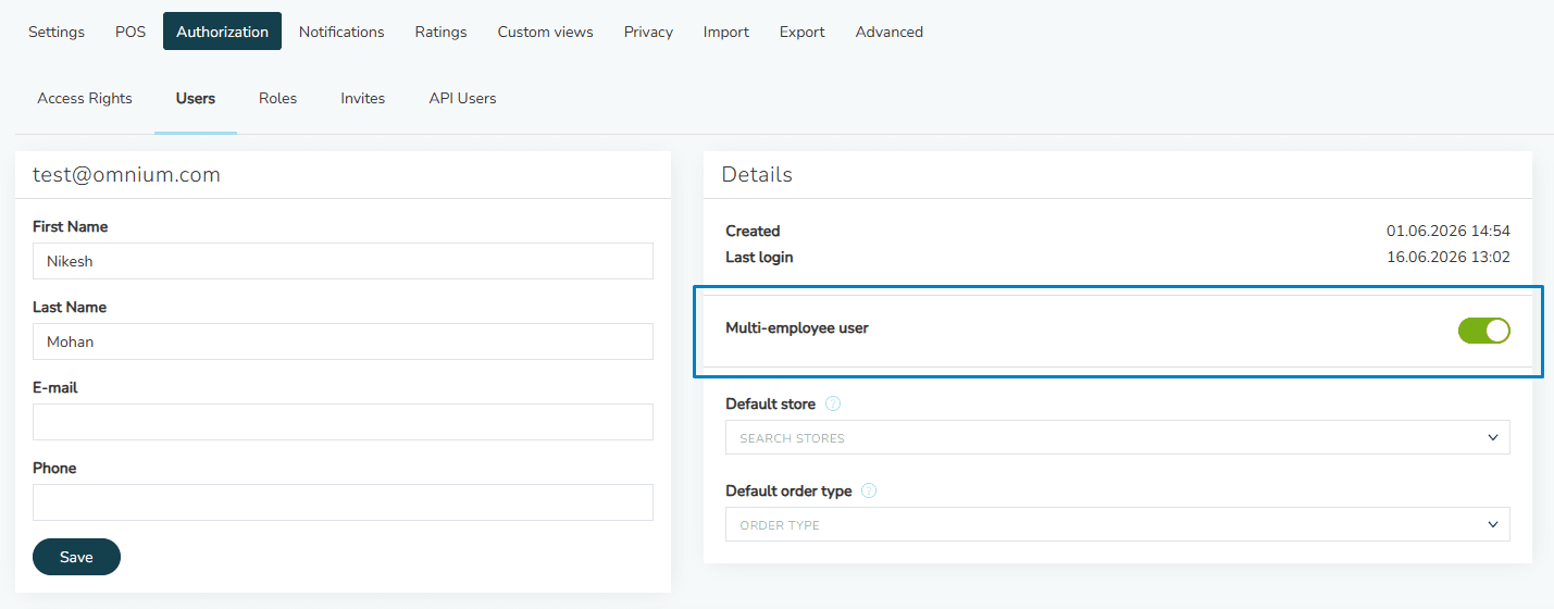 The Authorization → Users page in the Omnium back office with a user's Details panel open and the Multi-employee user toggle switched on and highlighted