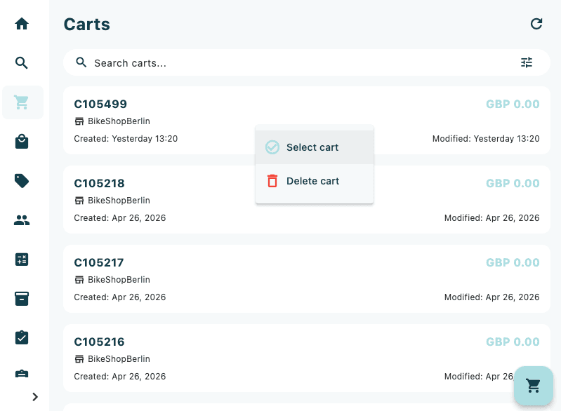 The Carts list showing several cart cards, the search bar at the top, and an active cart highlighted with an accent-coloured border
