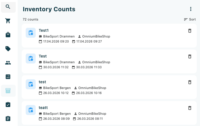 The Inventory Counts list showing count cards with count name, store, assigned user, creation date, and a green check icon on completed counts