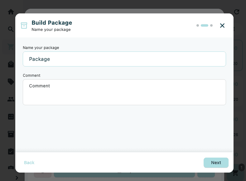 The Build Package dialog on Step 2 showing the Name field pre-filled with "Package" and an optional Comment field below