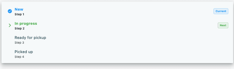 The New Status dropdown open, showing a list of statuses with indicator icons, step numbers, and Current and Next badges
