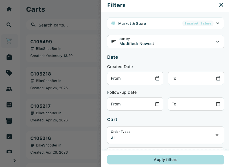 The Carts screen with the filter panel open on the right, showing the Market/Store selector, sort order options, and date and cart filter sections