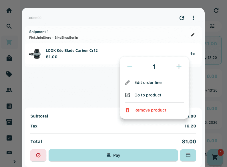 The item card context menu open in the cart panel, showing the Edit order line, Go to product, and Remove product options