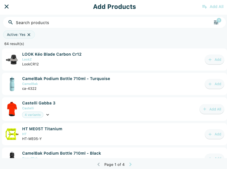 The Add Products page open from the count detail page, showing the search bar and product list