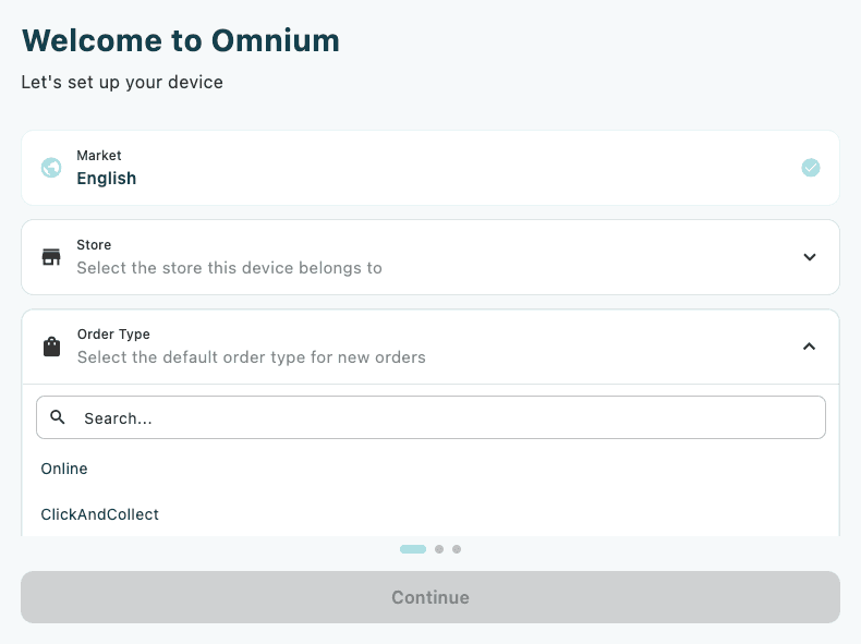 The Order Type card expanded in the setup wizard, showing a search field and the options "Online" and "ClickAndCollect"