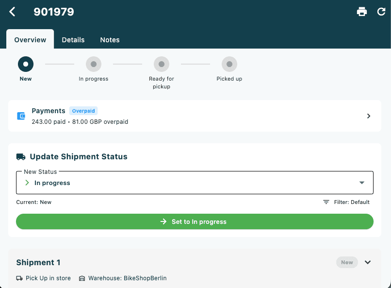 The order detail page header showing the order number as the title, with a Print icon and a Refresh icon in the top-right corner