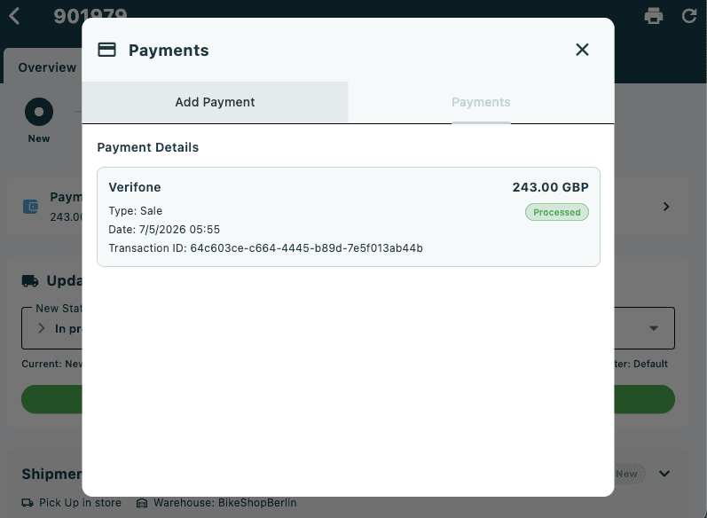 The Payments card on the order detail page showing a payment status badge, summary text, and individual payment rows