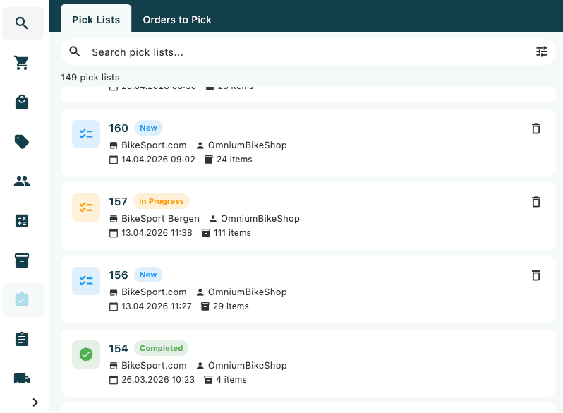The pick list detail page showing the status badge, header stats, and the Set In Progress and Update & Complete action buttons