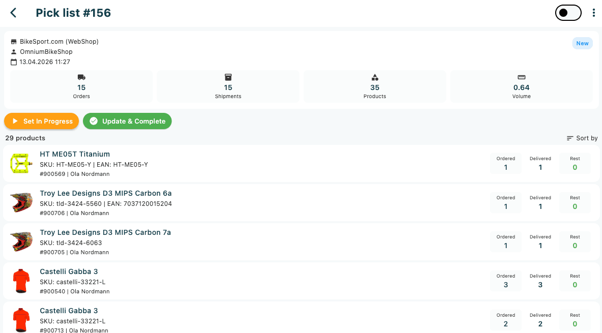 The pick list detail page with Enable Picking toggled on, showing product rows with Ordered, Delivered, and Rest quantity columns and Quick Pick buttons
