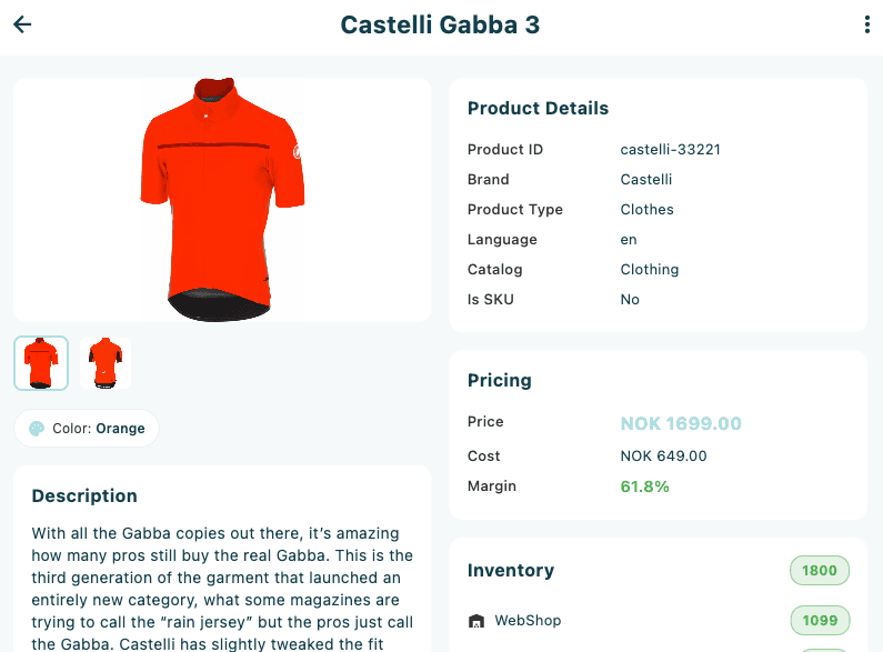 The Product Details card showing identifying and classification fields for a product