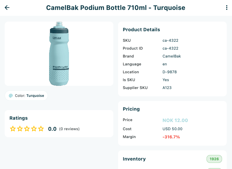 A product card in the search results showing a thumbnail, product name, brand, SKU, size and colour chips, price, and inventory badge
