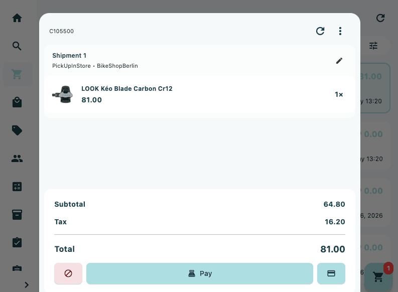 The cart panel showing the header, a scrollable item list grouped by shipment, and the order summary with subtotal, tax, total rows and a Pay button at the bottom