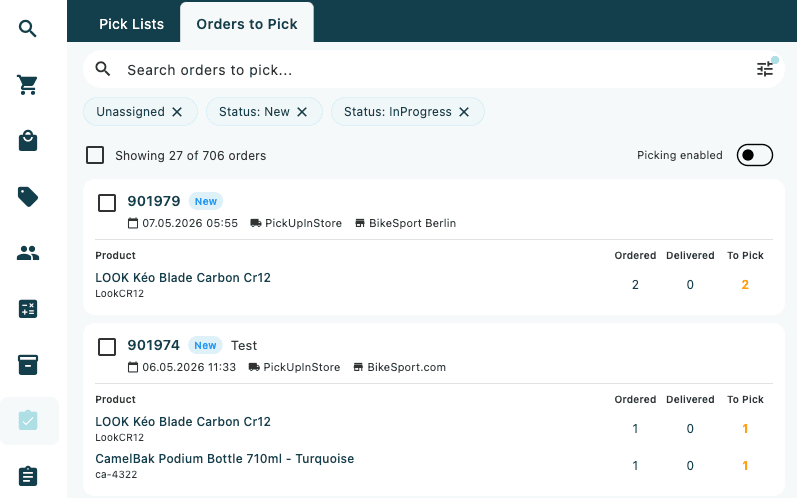 The Orders to Pick list showing order cards with order number, status badge, customer name, date, shipping method, and line item table