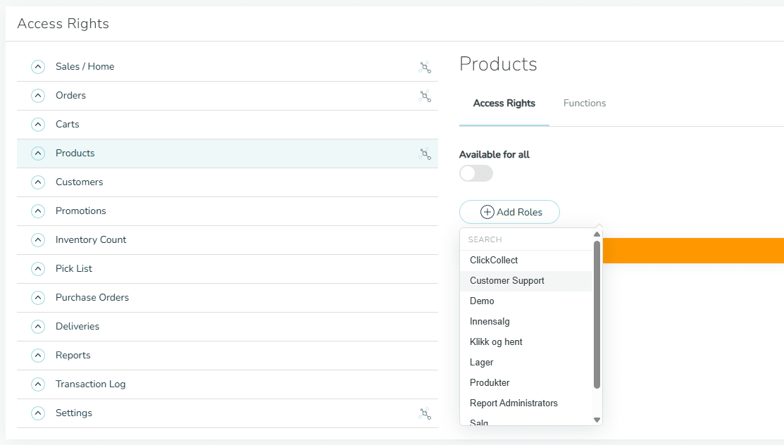 The Products area with Available for all switched off and the Add Roles dropdown open, showing a searchable list of roles such as ClickCollect, Customer Support, Demo, Innensalg, and Lager