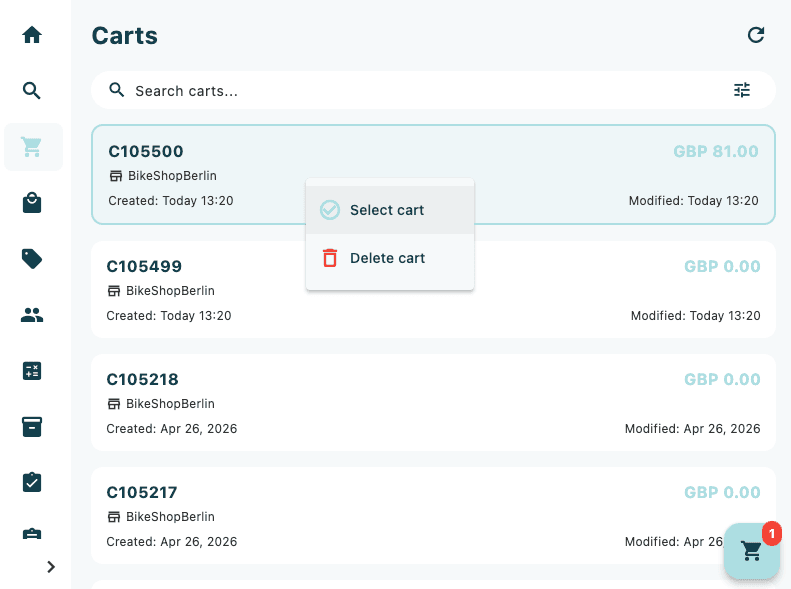 The Carts list with a cart card selected, showing an accent-coloured border around the active cart
