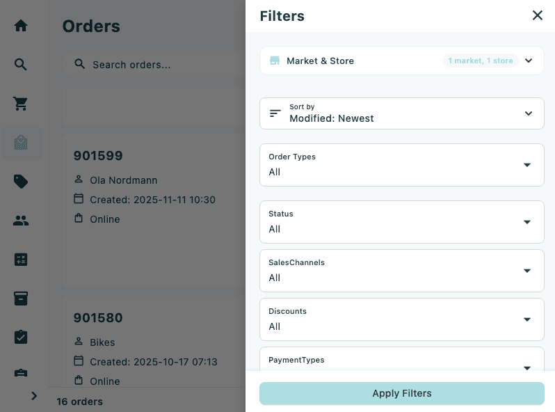 The Orders list with the search bar active and a filter drawer open on the right, showing date range, status, and order type filter options