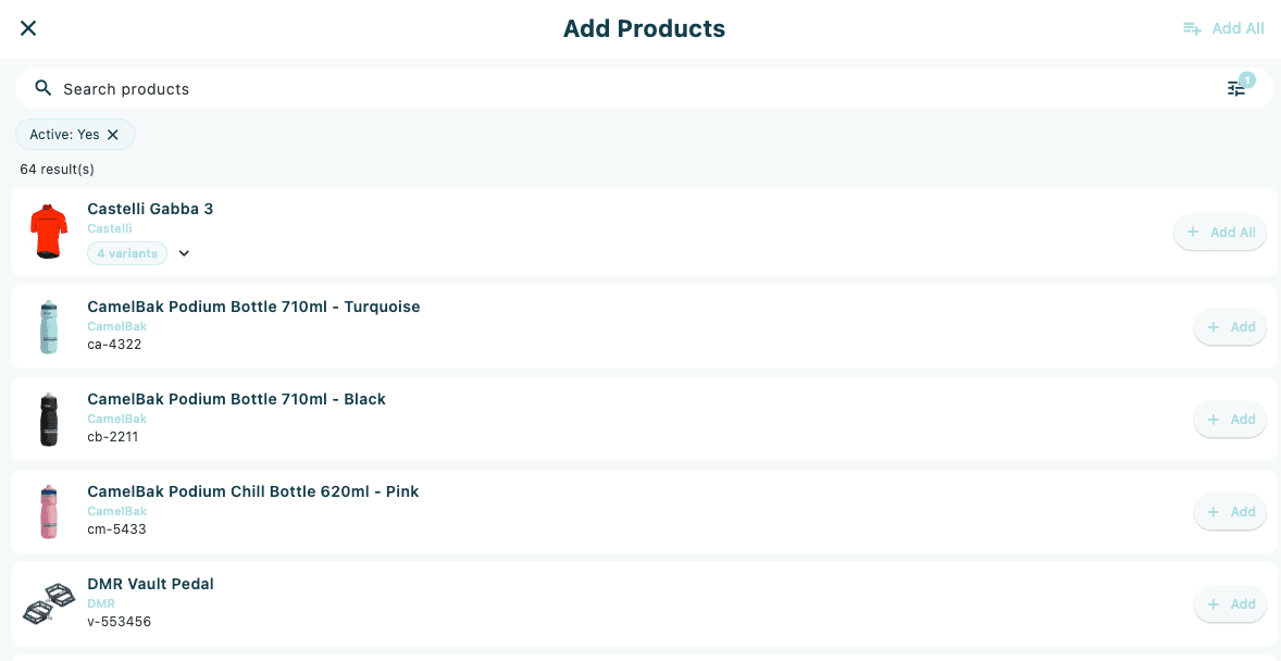The Home screen with the product search overlay open, showing a search field with results listed below