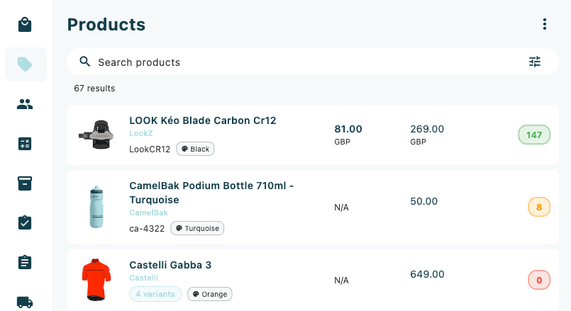 The products search screen with the search bar active and results displayed below