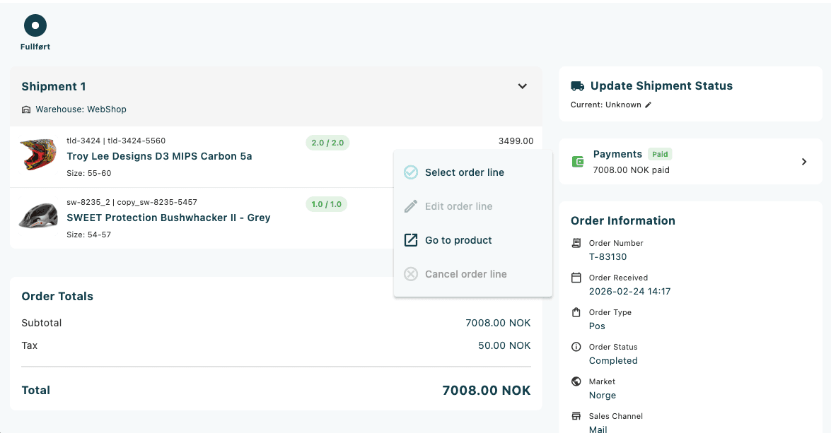 The Select line items dialog showing order lines with checkboxes, the Select all checkbox ticked, and the Confirm button active at the bottom