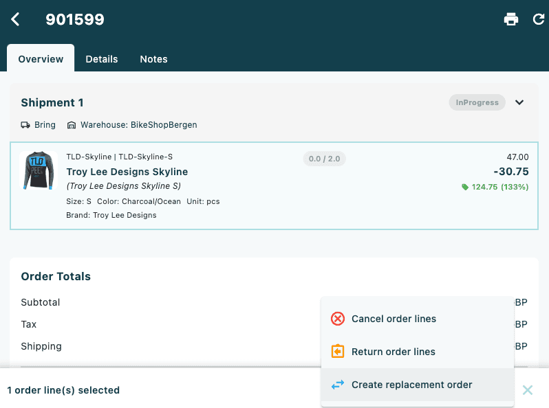 The order detail page with two order lines selected, shown with coloured borders, and the selection action bar visible at the bottom with the edit icon highlighted