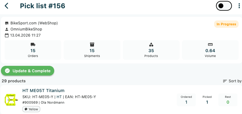 The pick list detail page showing the New status badge and the Set In Progress button in the action row at the bottom