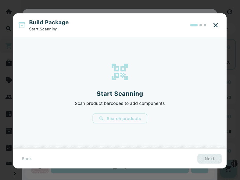 The Build Package dialog on Step 1 showing a list of added components, each with a product image, name, SKU, price, quantity controls, and a remove button