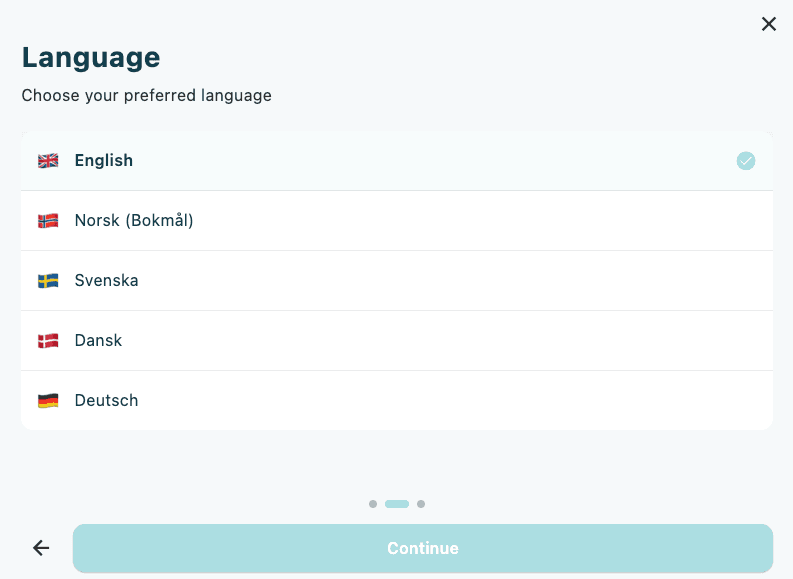 The Language step of the setup wizard showing a list of supported languages with flag icons, with English selected and highlighted in blue