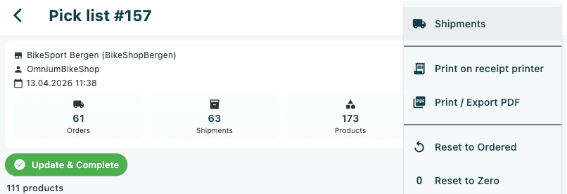 The pick list detail page with the overflow menu open, showing the Shipments option selected