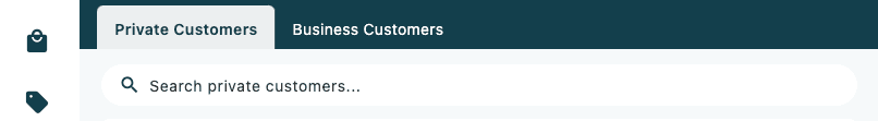 The Customers screen showing the Private Customers and Business Customers tabs with customer records listed below