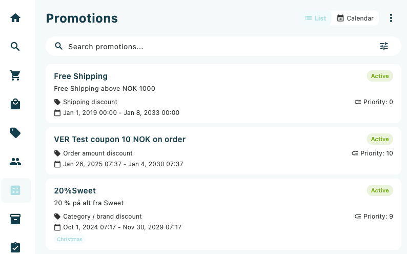 The Promotions browser showing a list of promotions with name, type, priority, valid period, and status columns