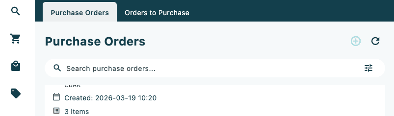 The purchase orders screen showing the two tabs at the top