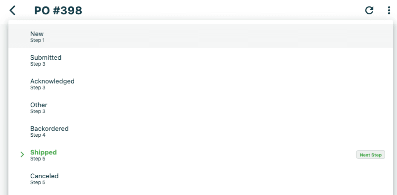 The Update Status card showing the current status badge, Next Step dropdown with recommended status highlighted in green, and the action button