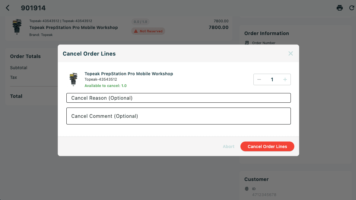 The Cancel Order Lines modal showing a single order line with the product name, SKU, quantity selector, cancel reason field, and the red Cancel Order Lines button