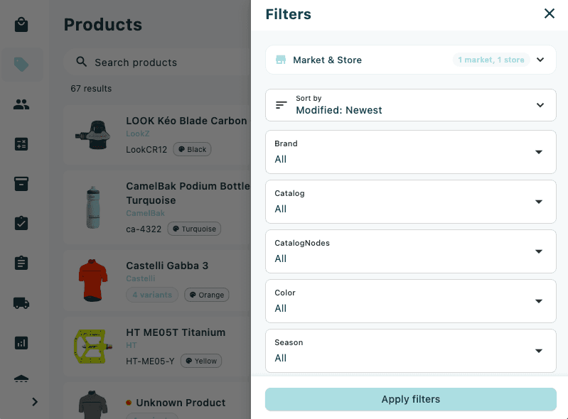 The purchase orders list with the filter panel open showing available filter options