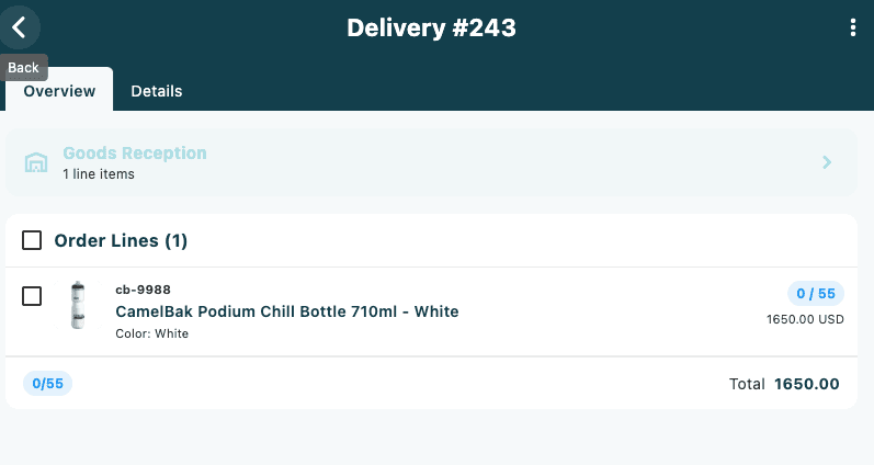 The delivery detail page showing the delivery header, status, and line items