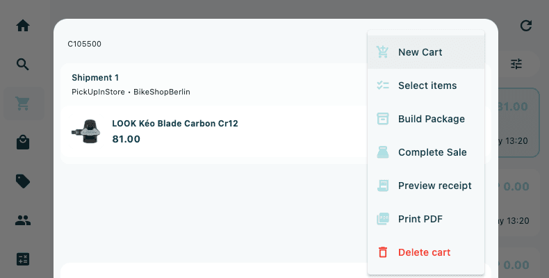 The cart panel after starting a new cart, showing an empty item list with "No items in cart" and a clear order summary